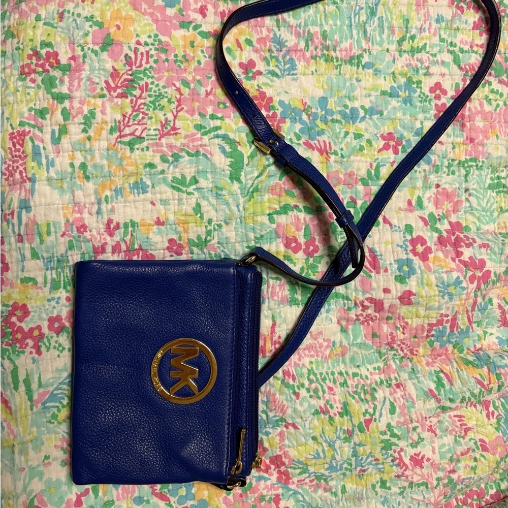 Michael Kors Royal Blue Leather Crossbody with Gold Logo